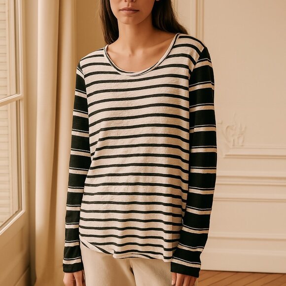 Free People Black & White Stripe Button Cuff Knit  Top Small - Picture 1 of 7